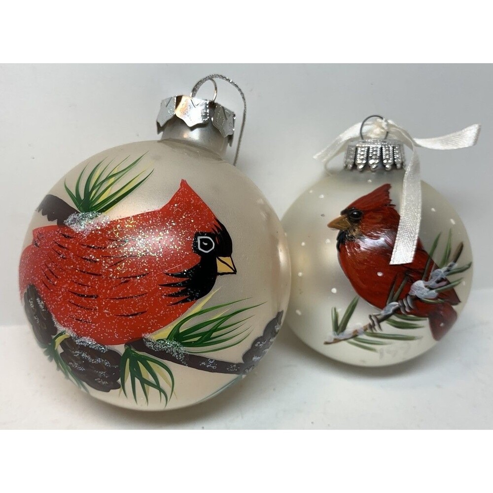 Christmas Ornaments Lot Of 2 One Signed Clark Holiday Tree Cardinals Birds Vtg